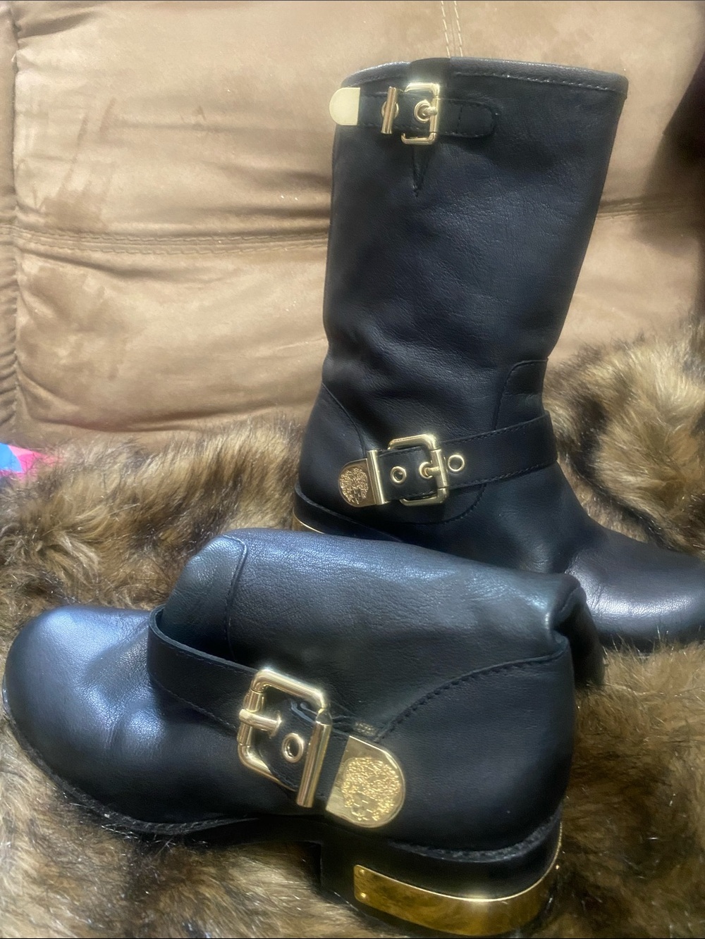 Black Leather Mid-Calf Boots with Gold Buckle Detail